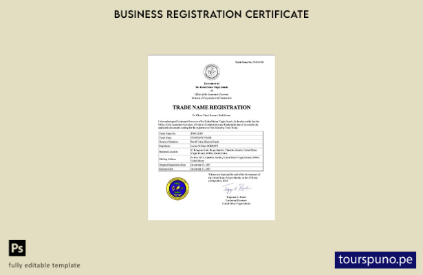 listo para imprimir certificado de registro de nombre comercial de las Islas Vír